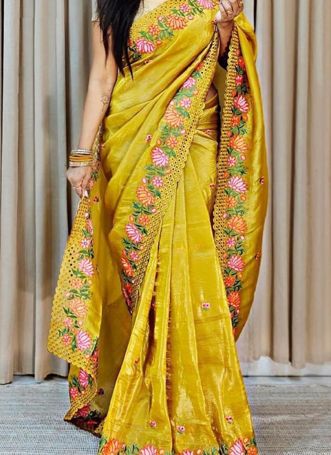 Pure Gold Crush Yellow Traditional Wear Embroidery Work Saree
